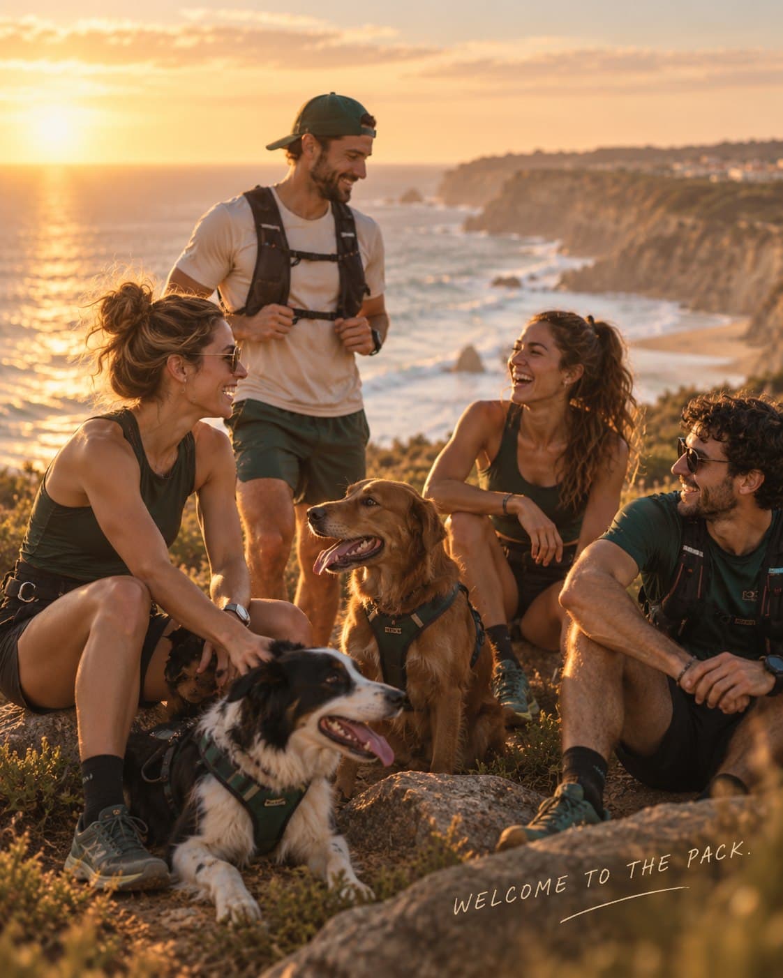 Grupo sentado com os cães a rir junto ao mar
